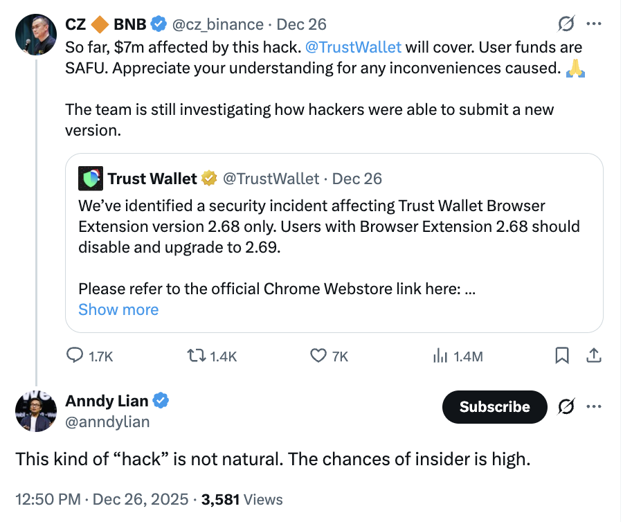 CZ：Trust Wallet 將賠償聖誕遭駭的 700 萬美元損失